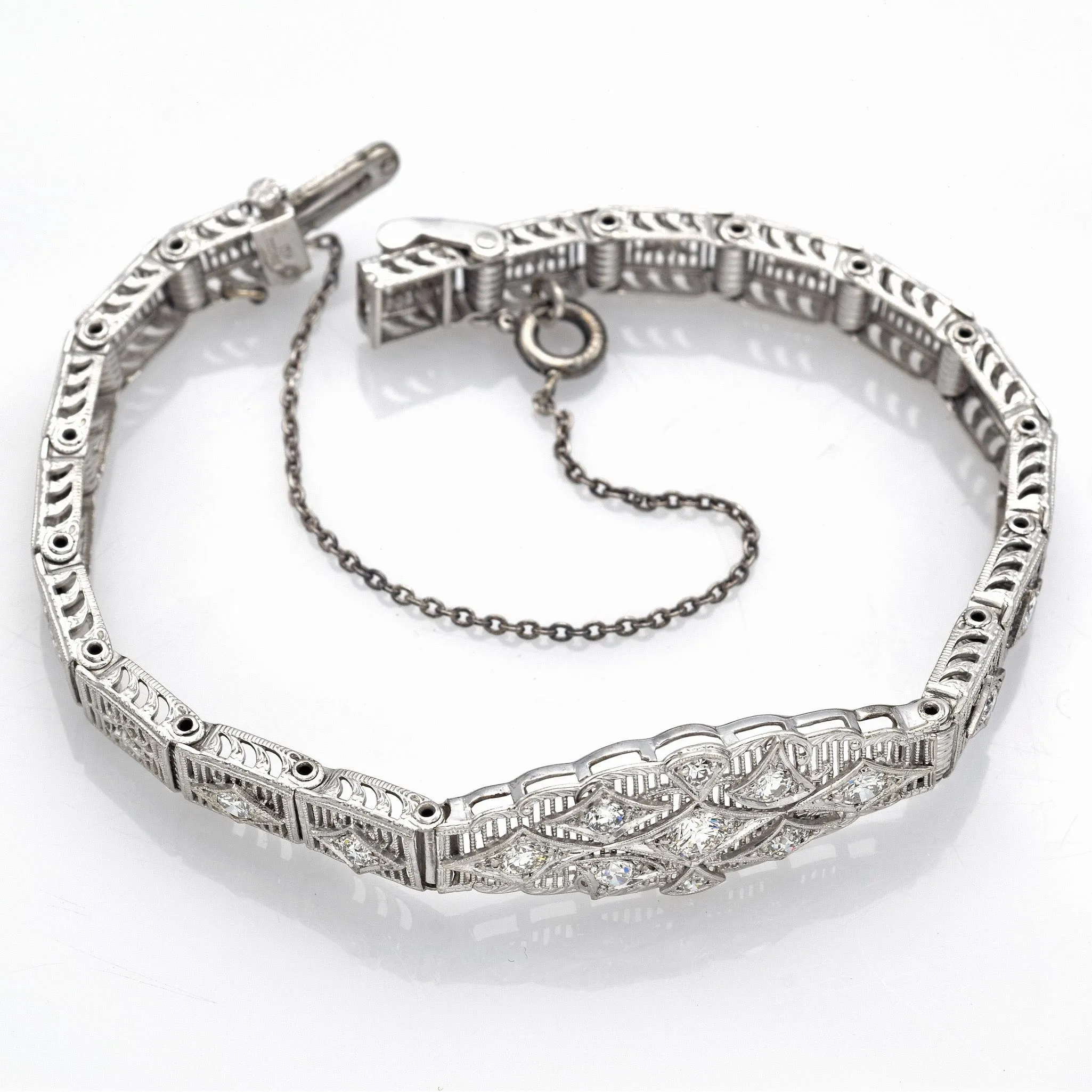 Vintage 10K White Gold Diamond Filigree Bracelet