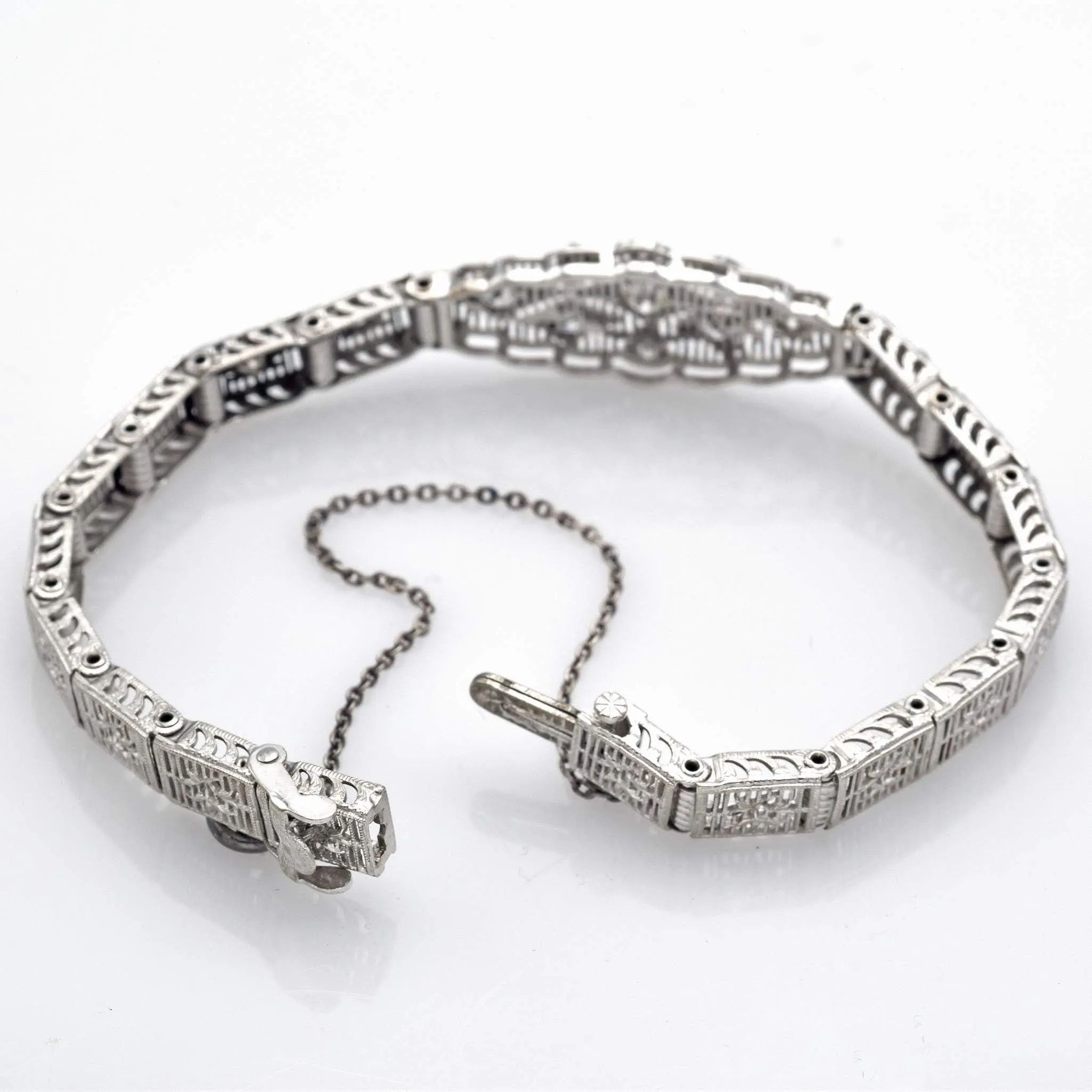 Vintage 10K White Gold Diamond Filigree Bracelet