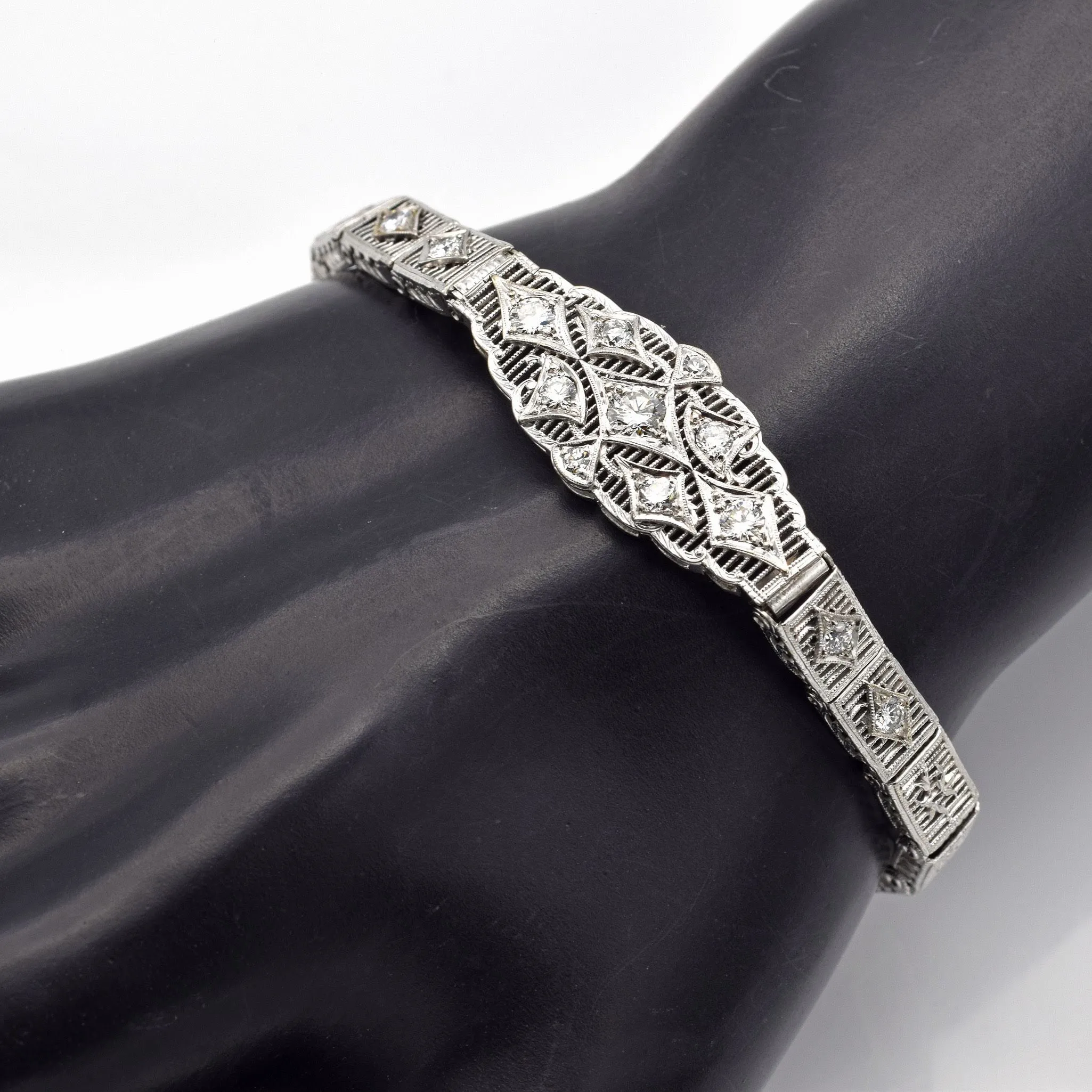 Vintage 10K White Gold Diamond Filigree Bracelet