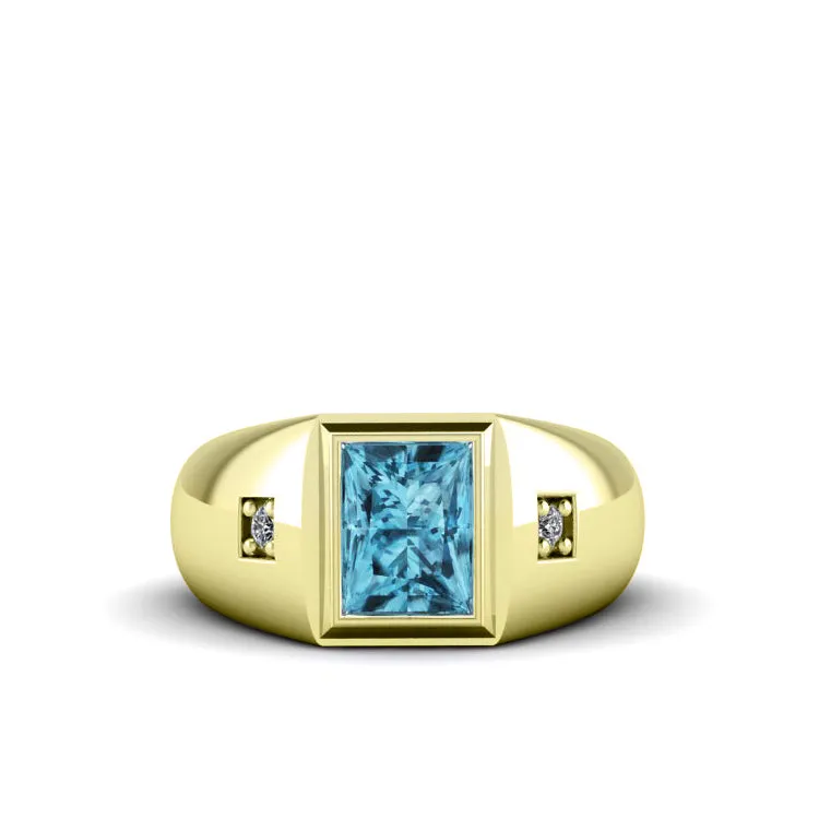 Wedding Signet Ring 2.40ct Light Blue Topaz with Diamonds Solid 10k Gold Ring Rectangle Cut