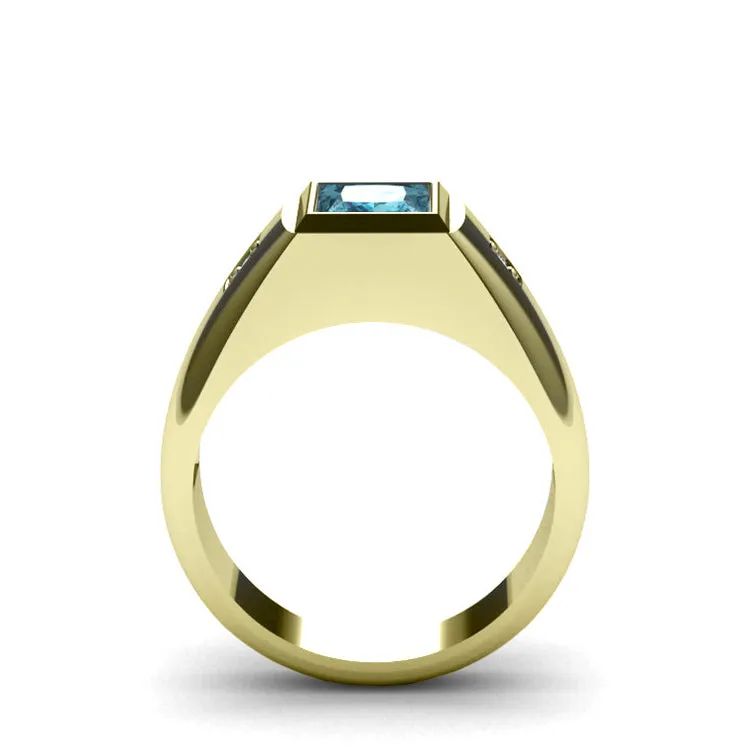 Wedding Signet Ring 2.40ct Light Blue Topaz with Diamonds Solid 10k Gold Ring Rectangle Cut