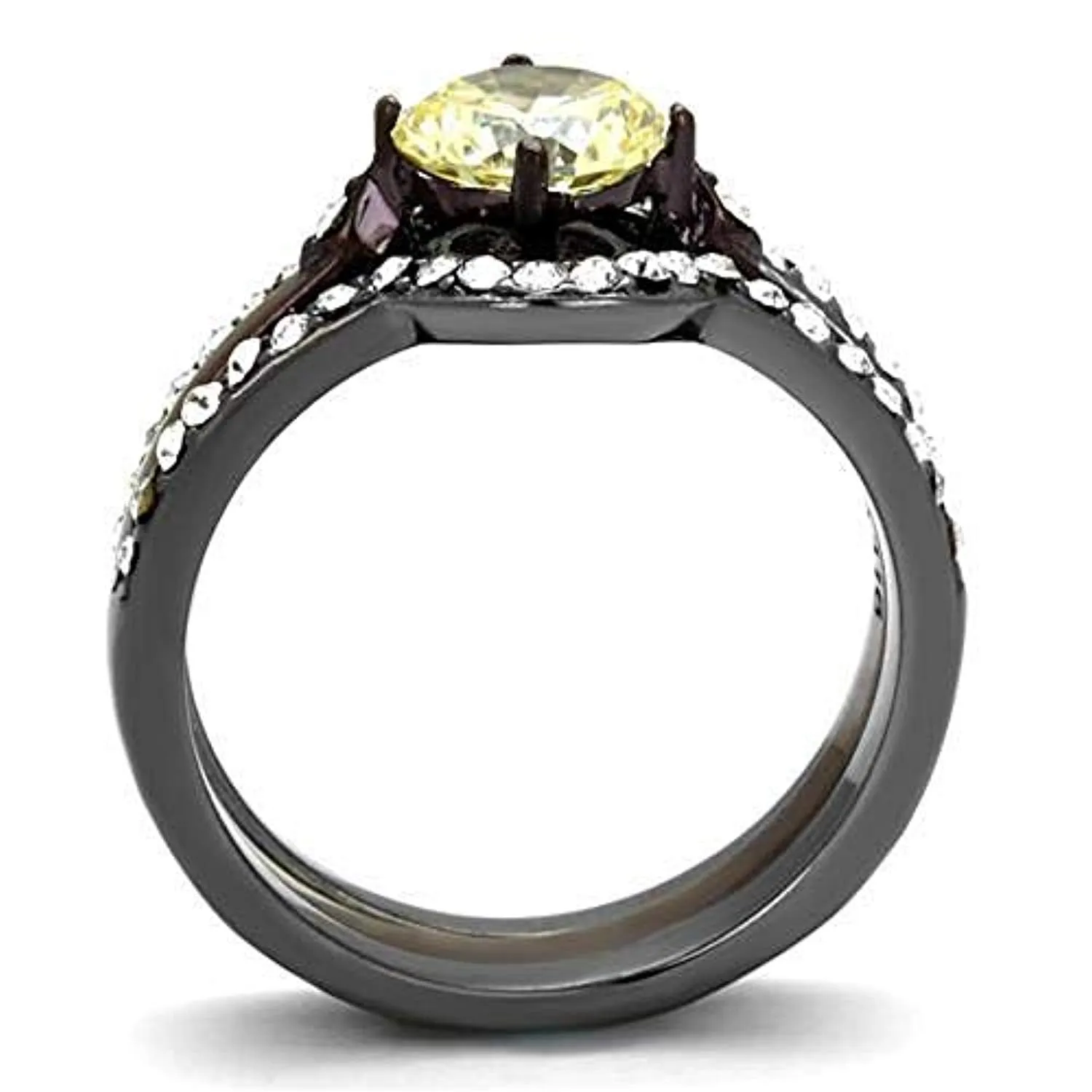 WildKlass Stainless Steel Ring IP Light Black (IP Gun) & IP Dark Brown (IP Coffee) Women AAA Grade CZ Citrine Yellow