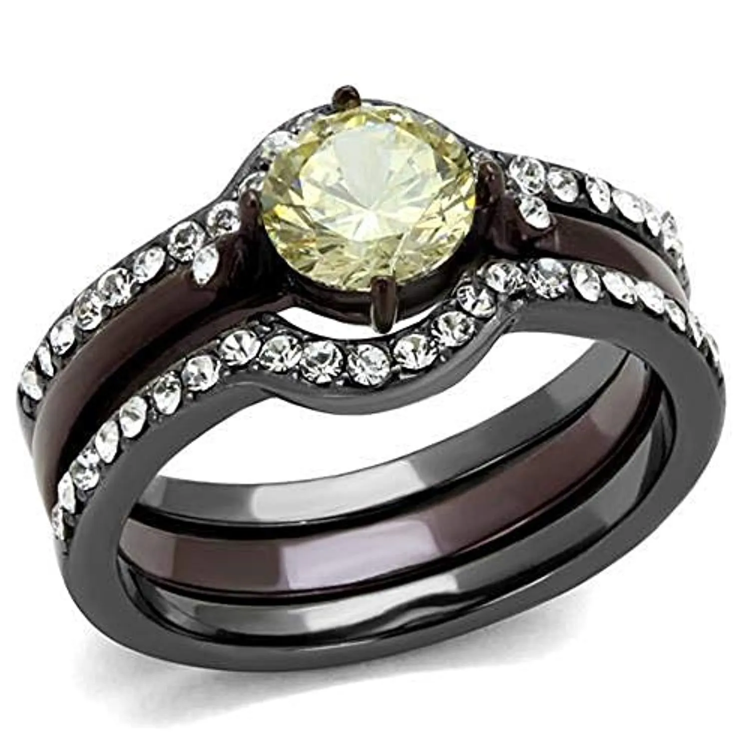 WildKlass Stainless Steel Ring IP Light Black (IP Gun) & IP Dark Brown (IP Coffee) Women AAA Grade CZ Citrine Yellow