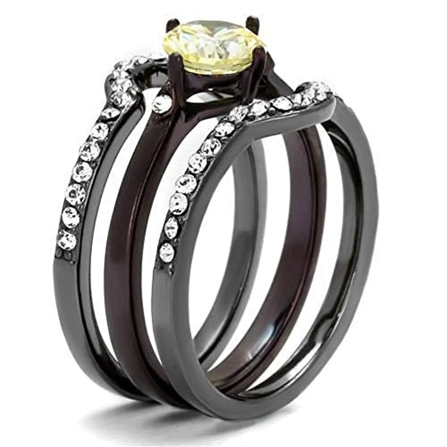 WildKlass Stainless Steel Ring IP Light Black (IP Gun) & IP Dark Brown (IP Coffee) Women AAA Grade CZ Citrine Yellow