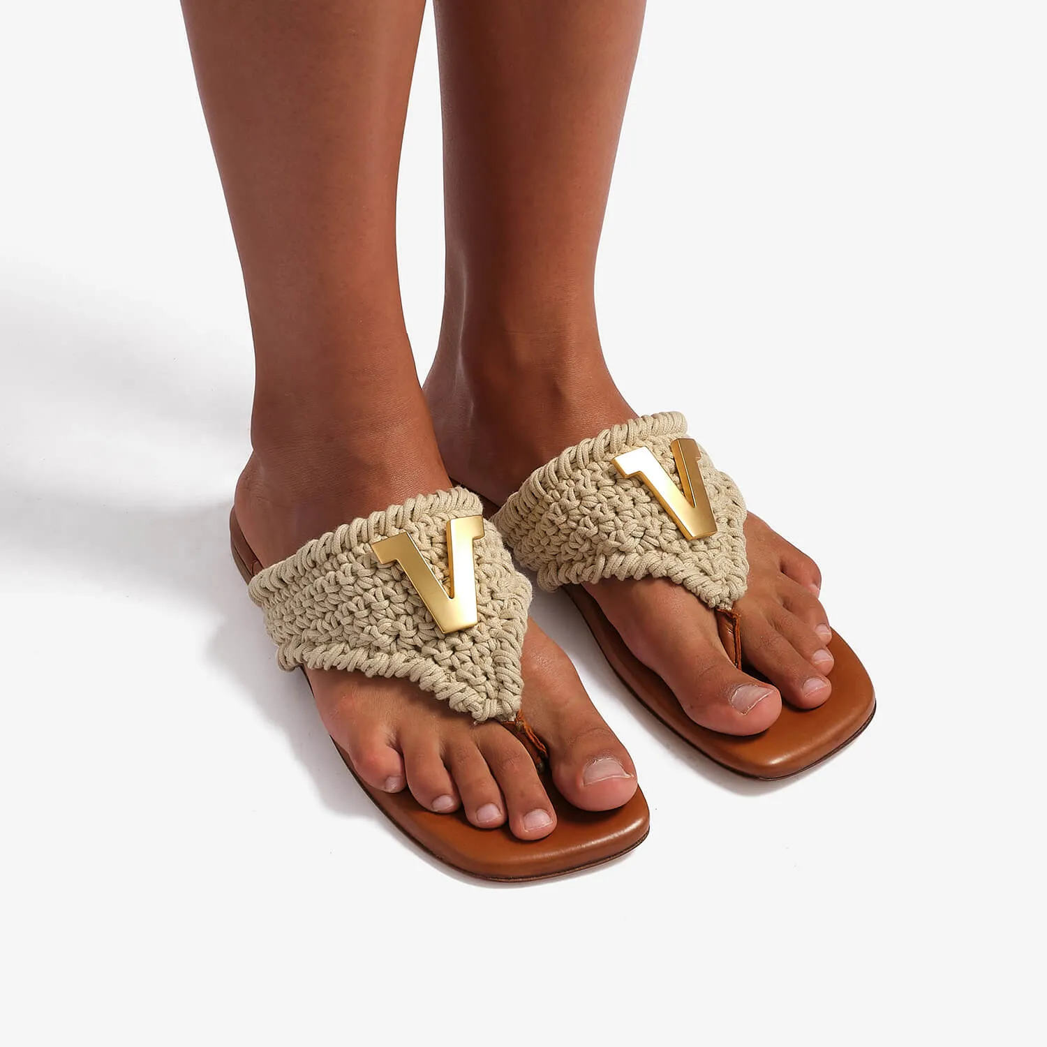 Women's crochet-nappa leather flip flop sandal