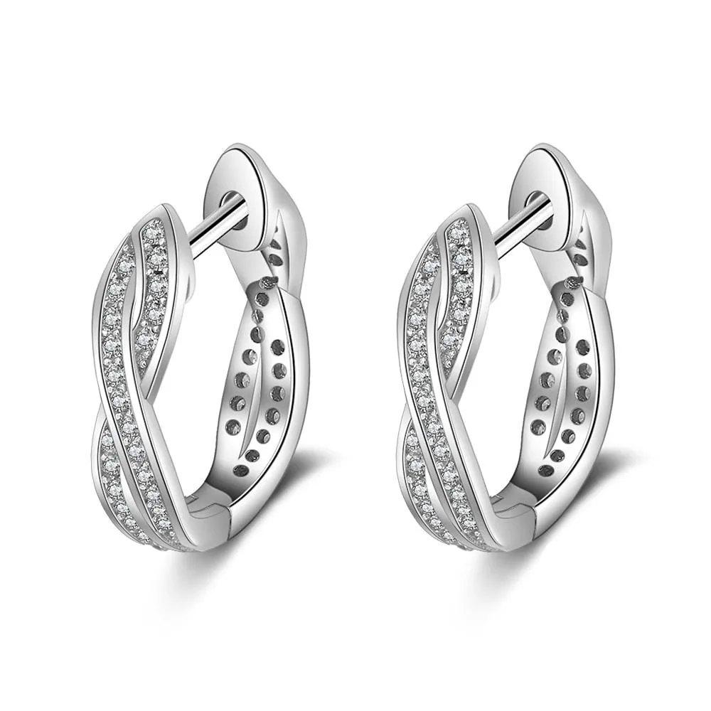 Women's Cubic Zirconia Real 925 Sterling Silver Hoop Twisted Earrings